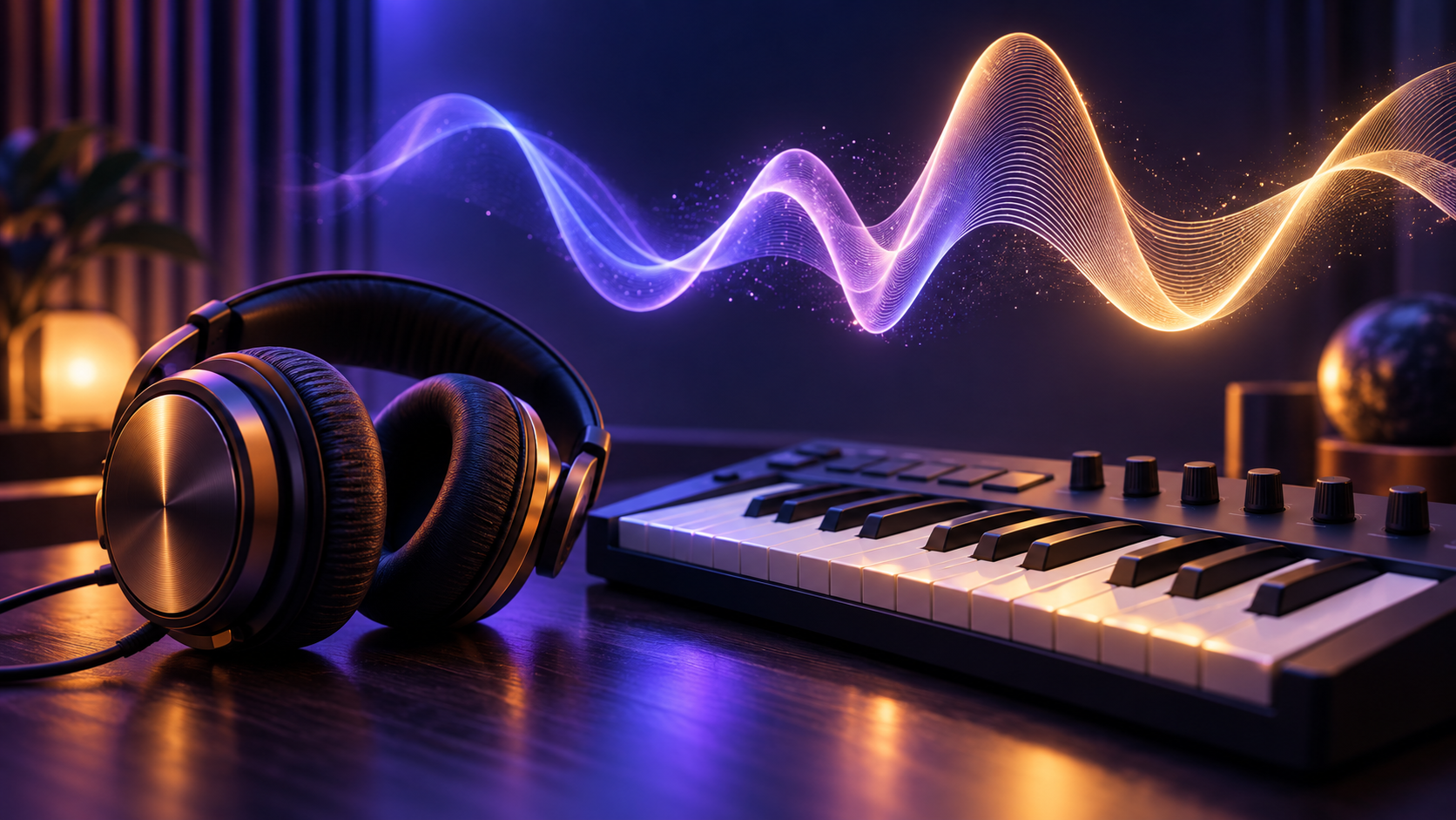 Kulaklık, MIDI klavye ve müzik üretimini anlatan ışıklı ses dalgası